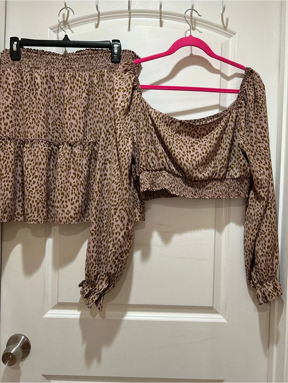 SHEIN Brown Leopard Print Off-Shoulder Crop Top & Skirt Set